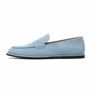Men's BLACK leather loafer with a stacked heel and almond toe